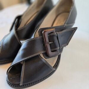 Robert Clergerie Black Peep-Toe Heels with Buckle